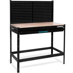 VONROC workbench work table Steel pegboard and drawer Capacity 130kg Incl. 15 hooks Durable rubberwood worktop