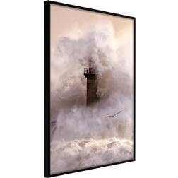 Artgeist med ramme Lighthouse During a Storm Sort 20x30 Plakat