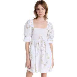 Ganni Poplin Balloon Short Sleeve Mini Dress Floral Shape - Bright White