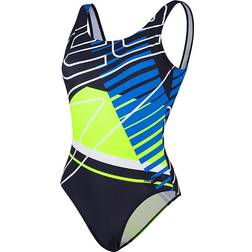 Speedo Placement U-Back 1 Piece Swimsuit- True Navy/Bondi Blue/Fluo Yellow/White