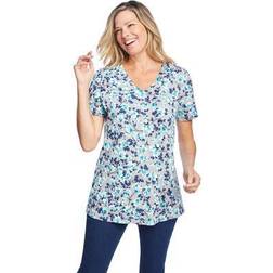 Woman Within Plus Women's Perfect Printed Short-Sleeve V-Neck Tee in Heather Azure Blossom Vine (Size 3X) Shirt