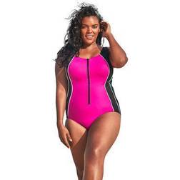 Plus Women's Zip-Front One-Piece with Tummy Control by Swim 365 in Fuchsia (Size 24) Swimsuit