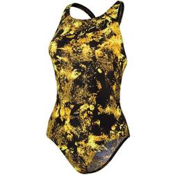 Speedo Allover Powerback Swimsuit - Black/Fluo Yellow/Mango