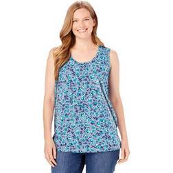 Woman Within Plus Women's Perfect Printed Scoop-Neck Tank in Heather Azure Blossom Vine (Size 34/36) Top