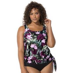 Swimsuits For All Plus Women's Side Tie Blouson Tankini Top in Wine Flower (Size 10)