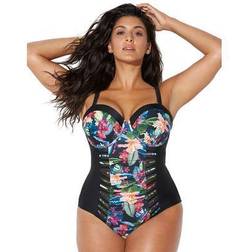 Swimsuits For All Plus Women's Ruched Underwire One Piece Swimsuit in Bold Floral (Size 28)