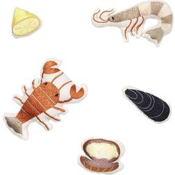 Ferm Living Embroidered Seafood Cuddly toy 5 embroidered cuddly toys in cotton bag Multicoloured