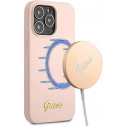 Guess iPhone 13 Pro Max Skal Magsafe Silicone Script Guld Logo LjusRosa