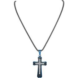 American Exchange Men Diamond Stainless Steel Gunmetal/Silver Cross Pendant Necklace