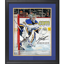 Fanatics St. Louis Blues Jordan Binnington Framed Autographed Photograph with 1st NHL SO 1/7/19 Inscription