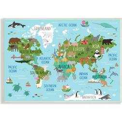 Stupell Industries Canvases Multi Blue & Green World Map Wildlife Wall Framed Art