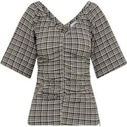 Sandro Plaid Print Ruched V-Neck Seersucker Top