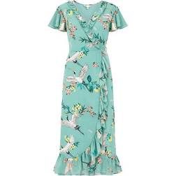 Yumi Frill Crane Wrap Midi Dress - Blue