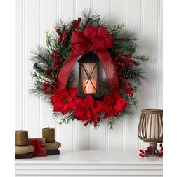 Nearly Natural Wreaths Red Red Poinsettia Berry Bow-Accent Wreath Lantern