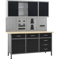 vidaXL Workbench with Four Wall Panels and Two Cabinets Black