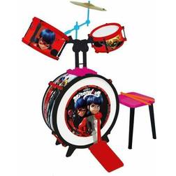 Reig MIRACULOUS/LADYBUG Batterie et tabouret Grosse caisse, deux tambours, bongo, cymbale, baguettes professionnelles