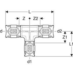 Geberit FlowFit T-kappale pienennetty: PPSU, d=32mm, d1=16mm, d2=32mm