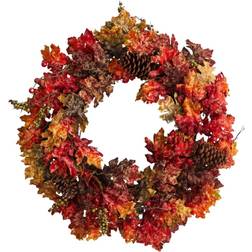 Nearly Natural 24" Autumn Maple, Berries and Pinecone Fall Artificial Wreath Orange