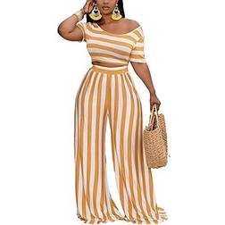 BffBaby Backless Short Sleeve Crop Top High Waist Wide Leg Long Pant Set - Yellow