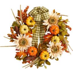 24" Fall Pumpkin, Sunflower Artificial Autumn Wreath with Decorative Ribbon Orange