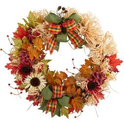 Nearly Natural 30" Harvest Autumn Sunflower, Maple Leaves and Berries Artificial Fall Wreath with Decorative Bows