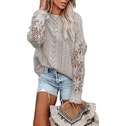 AlvaQ Women's Lace Crochet Long Sleeve Crewneck Sweater