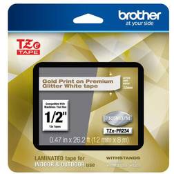 Brother TZe Premium Glitter Laminated Tape, 1/2" x 26-3/16' Gold Ink/White Tape