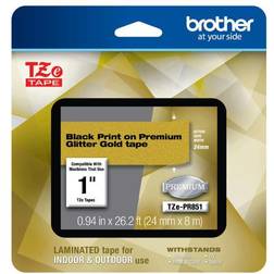 Brother TZe Premium Glitter Laminated Tape, 15/16" x 26-3/16' Black Ink/Gold Tape