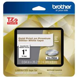 Brother TZe Premium Glitter Laminated Tape, 15/16" x 26-3/16' Gold Ink/White Tape