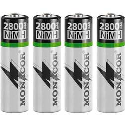 Monacor NIMH-2800/4, Laddningsbart batteri, Nickel-metallhydrid (NiMH) 1,2 V, 4 styck, 2800 mAh, 14 h