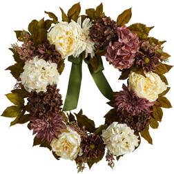 Nearly Natural Peony, Dahlia and Hydrangea Artificial Wreath, 24" Purple