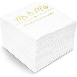 Mr & Mrs Paper Napkins with Gold Foil Details for Weddings (5 x 5 In, 100 Pack)