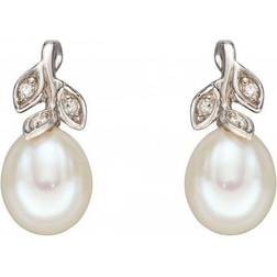 Elements 9Ct Diamond & Freshwater Pearl Leaf Design Dangle Stud Earrings