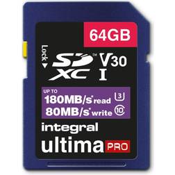 Integral INSDX64G-180V30 64GB SD CARD SDXC UHS-1 U3 CL10 V30 UP TO 180MBS READ 80MBS WRITE memory card UHS-I