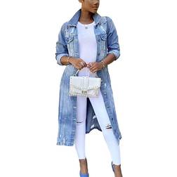 Women's Distressed Hole Over Knee Midi Long Denim Coat