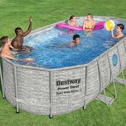 Bestway 56716 Frame Pool Power Steel Swim Vista Oval 549x274x122cm, avec effet de paroi en pierre