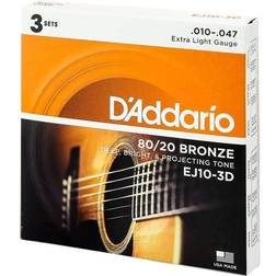 D'Addario EJ10-3D 80/20 Bronze Acoustic Guitar Strings, Extra Light, 10-47, 3 Sets