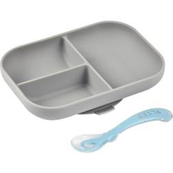 Beaba Set Repas Bébé Avec Ventouse, Anti dérapant, Assiette Silicone Compartimentée Cuillere, Sain et Durable, Gris