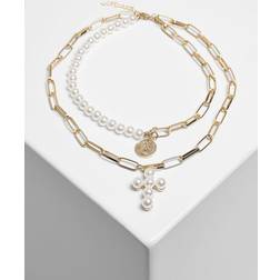 Urban Classics Pearl Cross Layering Necklace pearlwhite/gold one