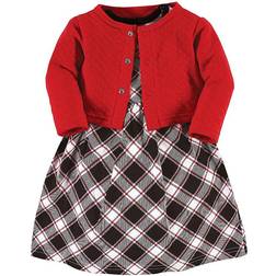 Hudson Baby Quilted Cardigan & Dress Set Plaid/red Black/red