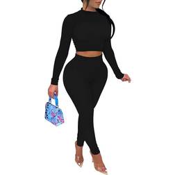 Lagshian Women's Sexy 2 Piece Outfits Jumpsuit Set Long Sleeve Crop Top High Waist Pant