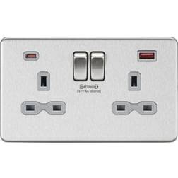 Knightsbridge MLA 13A 2 Gang DP Socket With Dual USB Charger Brushed Chrome W/Grey Insert SFR9909BCG
