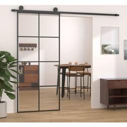 vidaXL Black 35.4 80.7 in ESG Glass and Aluminum Sliding Door Clear Glass (x)