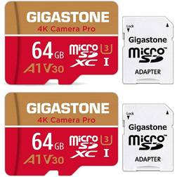 Gigastone Micro SD-kort 64 GB 2-pack med 2 x SD-adapter 2 x mini-fodral, 4K kamera Pro, 4K UHD-video, GoPro SD-kort actionkamera kompatibel, upp till 95 MB/s, MicroSDXC UHS-I A1 V30 C10