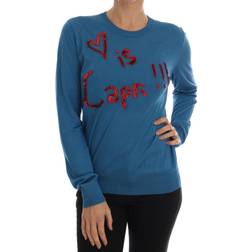 Dolce & Gabbana Blue Silk Love is Pullover Women's Sweater