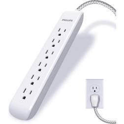 Jasco Phillips 10 ft. 16/3 6-Outlet 1080J Surge Protector Power Strip Extension Cord, White, White/Grey