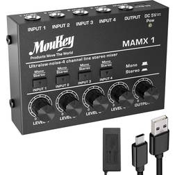 Moukey Mini Audio Mixer Line Mixer, DC 5V, 4-Stereo Ultra, Low-Noise 4-Channel for Sub-Mixing, Ideal for Small Clubs or Bars, As Guitars, Bass, Keyboards Mixer, 2021 New Version-MAMX1