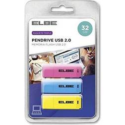 ELBE USB332 Pendrive USB 32 GB färger (USB 2.0-flashminnen i 3-pack med Mac- och Windows-kompatibla med skyddskåp)