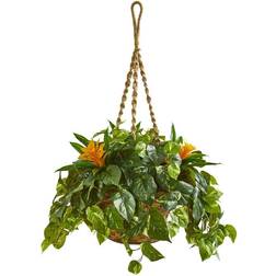 Nearly Natural Artificial Bromeliad and Pothos Plant Basket Yellow Artificial Plant