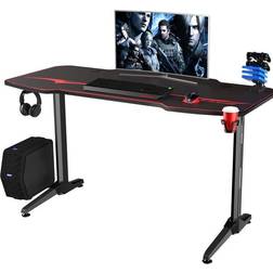 T-shape Large Black/Red Gaming Computer Desk with Free Full Mousepad,Earphone Hooks and Cup Holder,PC Desk Desk,140cm,Black